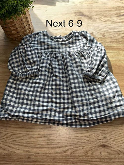 NEXT Girls Blue White Gingham Cotton Woven A-Line Long Sleeve Dress 6-9M