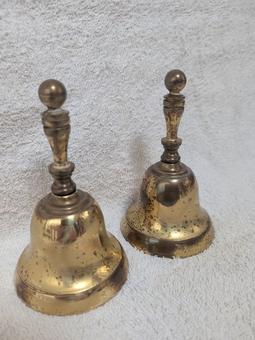 Pair Vintage Solid Brass Hand Bells Made In England School Dinner Call Lead — image 2