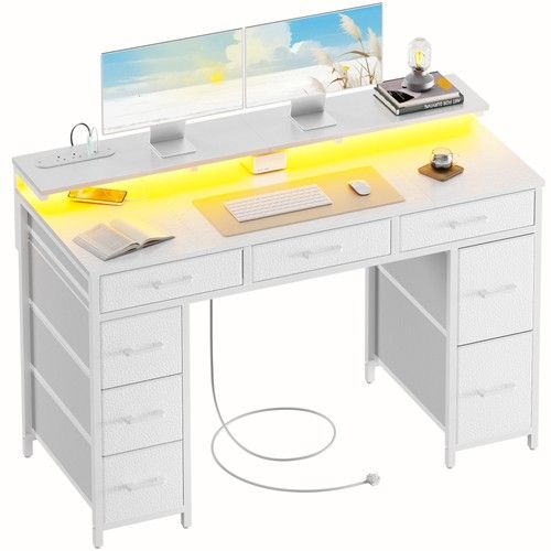120 cm Computer Desk with Drawers, Gaming Table with LED Lights & Power Outlets