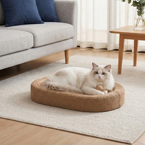 Oval Cat Scratcher Bed Sisal Cat Scratching Pad Lounge Bed with Interactive Ball