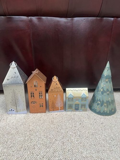 M&S Light Up Christmas House Biscuit Tins x 5 Light Up Village Scene Xmas Tree