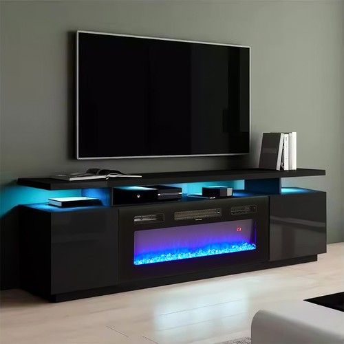 70inch Gloss Black TVs Stand Unit Cabinet with Electric Fireplace & 12 LED Light