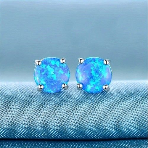 925 Sterling Silver Stud Earrings Dazzling Round White Fire Opal Gemstone