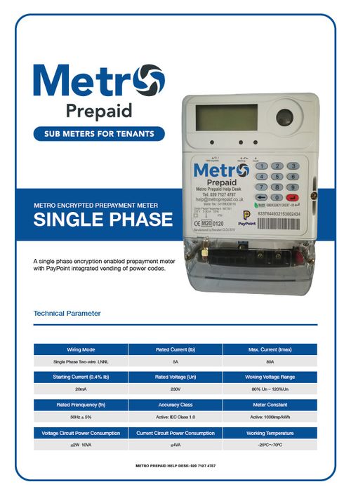 METRO MET001 ENCRYPTED PREPAYMENT METER SINGLE PHASE 240V  — image 2