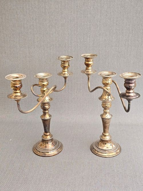 Pair Antique Edwardian Silver Plated Copper 3 Arm Candelabras 26.5cm — image 1