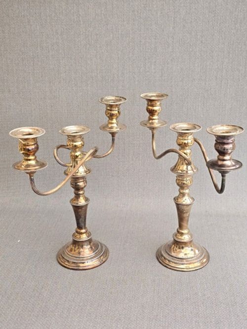 Pair Antique Edwardian Silver Plated Copper 3 Arm Candelabras 26.5cm