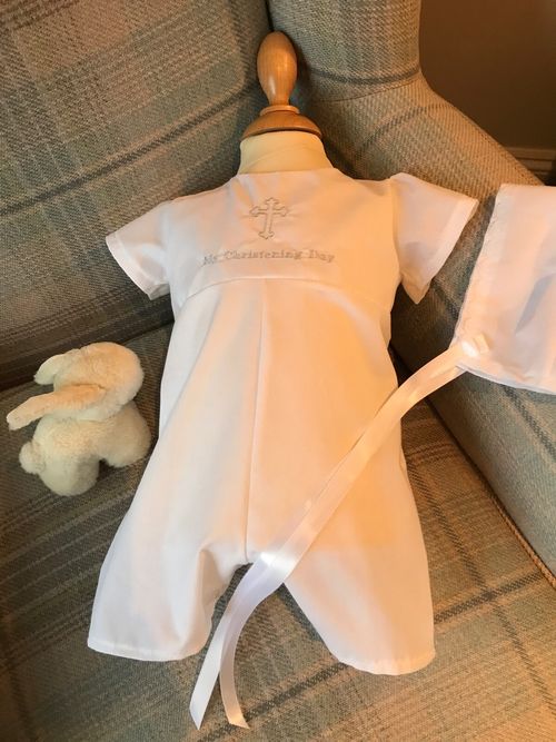 BOYS CHRISTENING ROMPER SUIT AND BAPTISM BONNET - PERSONALISED - BABY CLOTHES — image 2