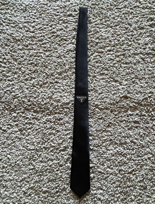 PRADA Men’s Black Slim Pointed Solid Woven Silk Tie w/ Triangle Logo Plaque
