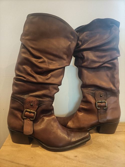 Tall Leather Brown Buckle Knee Block Heel Boots UK7/8 41 cowboy slouch worn once — image 1