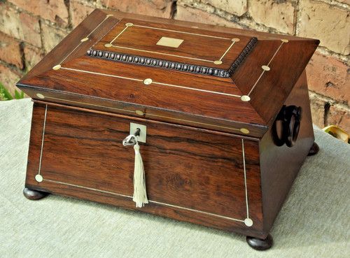 Rosewood Sewing or Jewelry box with key and handles inlaid with Mother Of Pearl