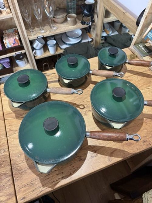 Vintage Le Creuset Cousances Green Cast Iron Saucepan Set x5 Wood Handles France