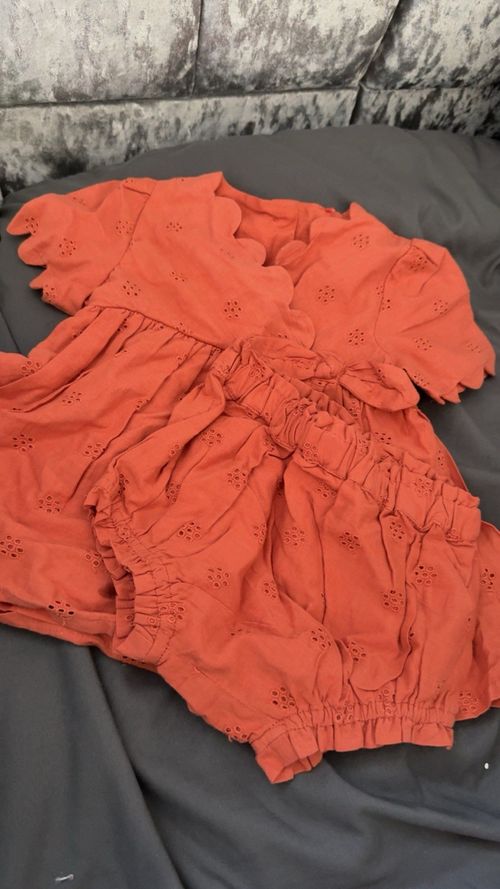 Brown Eyelet Ruffle Fit & Flare Dress 9-12 Months Cap Sleeve Button — image 1