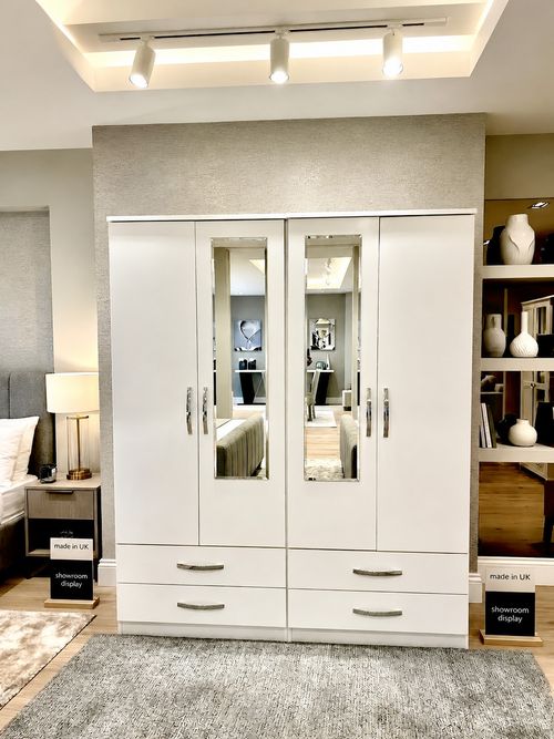 Ready Assembled 4 Door Wardrobe With Mirror And Drawers Bedroom Storage In White — image 1