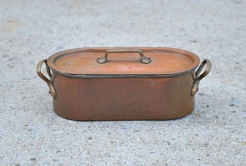 old copper fish kettle with brass handles, stamped Leon Jaeggi and Sons