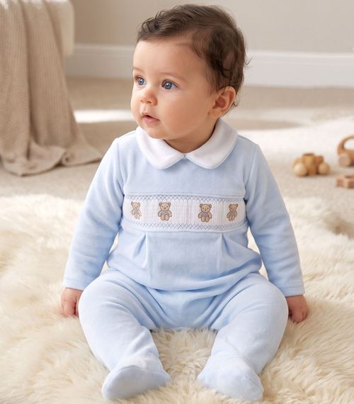 Baby Boy Velour Sleepsuit Smocked Teddy BLUE — image 2