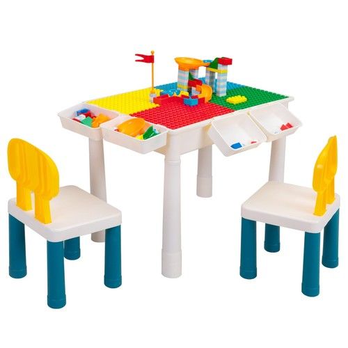 Toddler Building Blocks Table & Chair Set, 7-in-1 Activity Table with play block