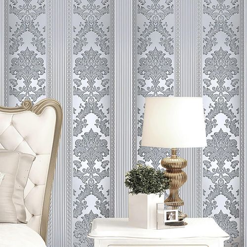 Silver Grey Damask Glitter Wallpaper Embossed Textured Non-Woven Wall Decor Roll — image 4