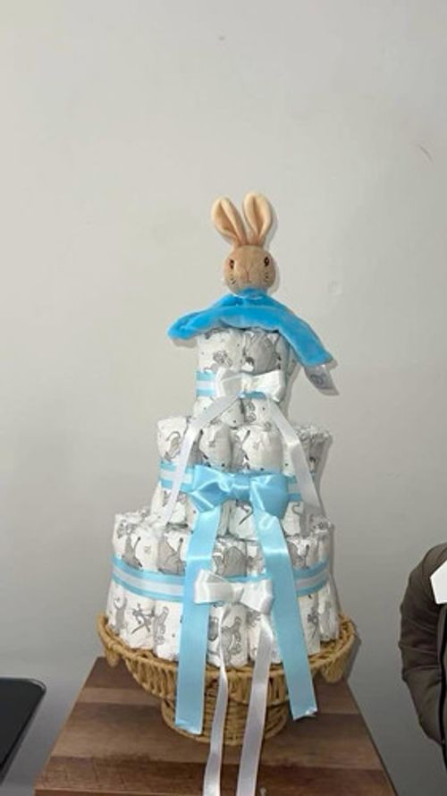 Baby Boys Nappy Cake Gift Basket with Bunny Soft Toy, Blue & White Ribbons
