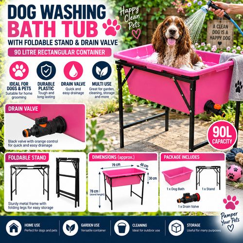 Dog Bath with Foldable Metal Stand & Drain Valve Grooming Tub up to Spaniel Size