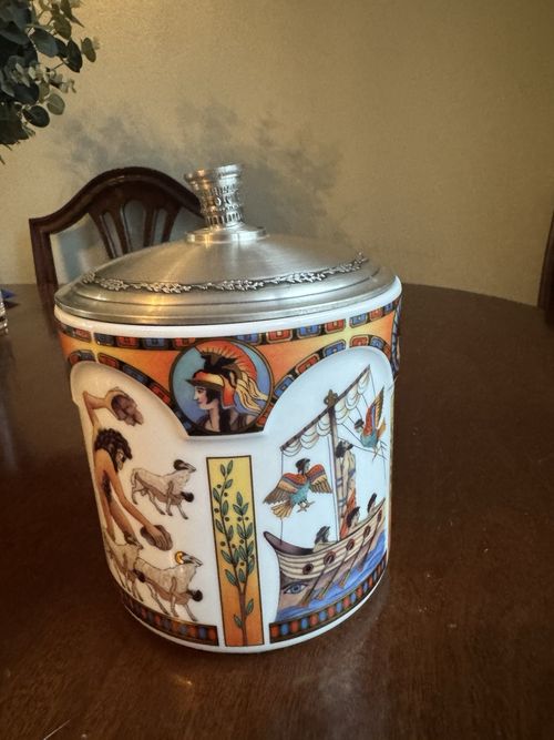 Schmidt Vintage German Ceramic Jar Pewter Handle Lid Greek Mythology 2005 9" — image 3