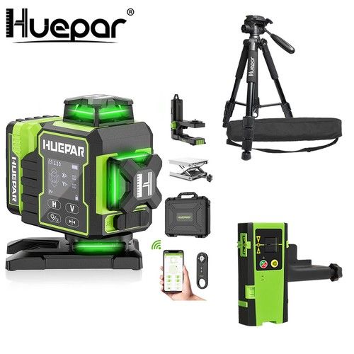 Huepar 4x360° Self Leveling Green Cross Laser Level with LCD + Receiver + Tripod