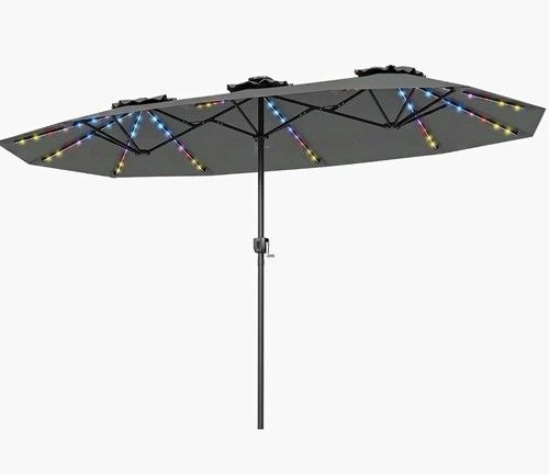 4.4m Double Patio Umbrella Grey Solar LED Lights Crank No Base garden shelter