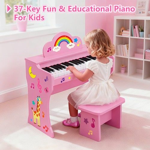 ♬ Mustar Pink 37 Keys Kids Keyboard Piano Wooden Educational Toy DIY Sticker
