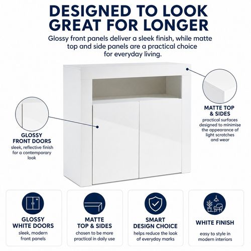 White Gloss Sideboard Storage Cabinet 90cm 2 Door LED Lights Cupboard — image 5
