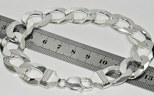 STERLING SILVER MENS BRACELET CURB - HEAVY CHUNKY 9 INCH 14mm - Solid 925 Silver