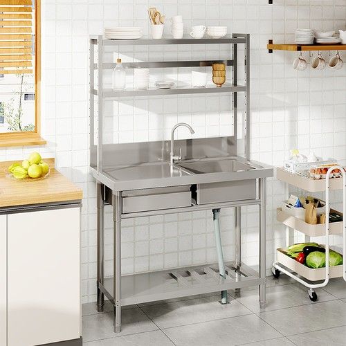 Freestanding Stainless Steel Kitchen Sink Commercial Utility Sink Set +Shelf UK