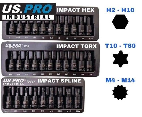 US PRO IMPACT Hex Torx Spline Bit Sockets 3/8" Drive Short Reach Star HX Allen