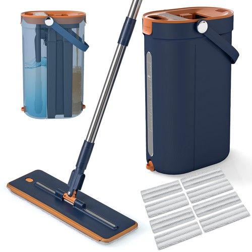 COSTWAY Mop & Bucket Set 3-Tank Flat Floor Mop & Bucket System w/Wringer-Navy