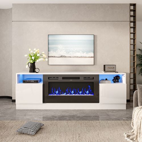 Modern 70" TV Stand Cabinet Unit with 12 LED Light Insert 32" Electric Fireplace — image 8