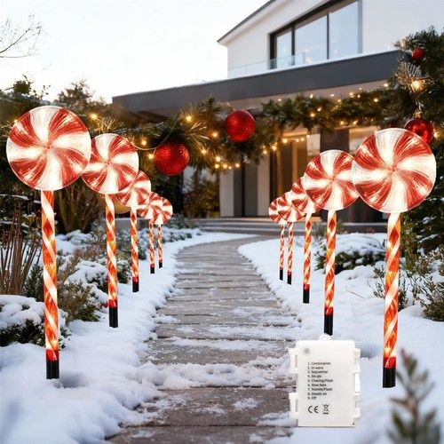 8pc Christmas Candy Cane Stakes Pathway Light Red Lollipop 63cm Battery Operated