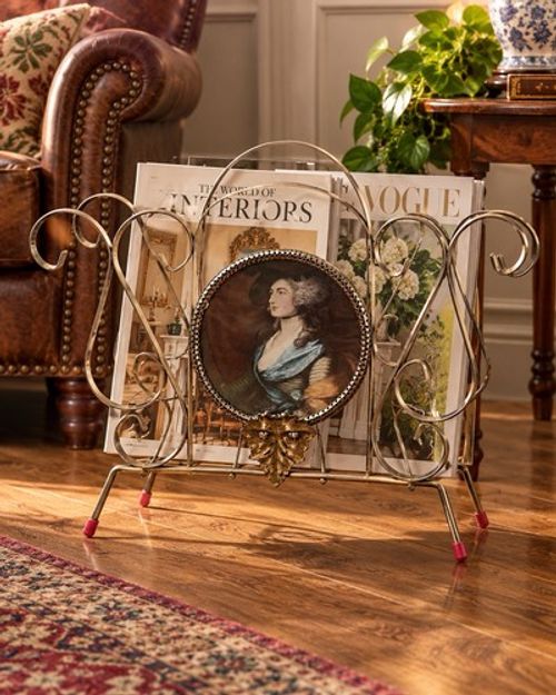 RARE Vintage Mid Century MCM Gold  Scroll Magazine Rack Regency Portrait Holder