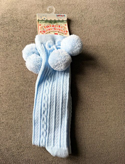 Soft Touch Baby Blue Cable Knit Knee High Pom Pom Socks 12-24m 1pr S355-B — image 1