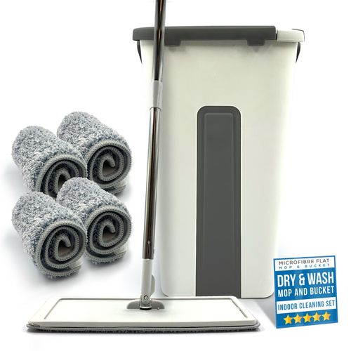 Flat Mop Bucket Set Head 4x Microfibre Pads Floor Kitchen Cleaning — image 7