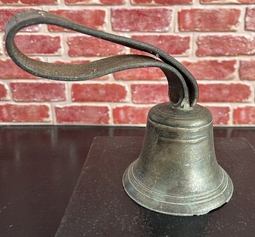 Antique Bronze Hand Bell With Leather Strap 3.25” High Fabulous Loud Ring