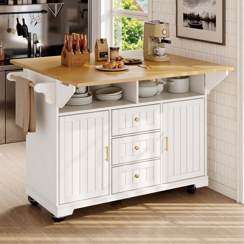 Kitchen Island on Wheels Rolling Storage Trolley with Extendable Worktop, White — image 1