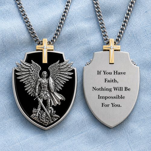 Archangel Saint St Michael new necklace black shield cross prayer on the back