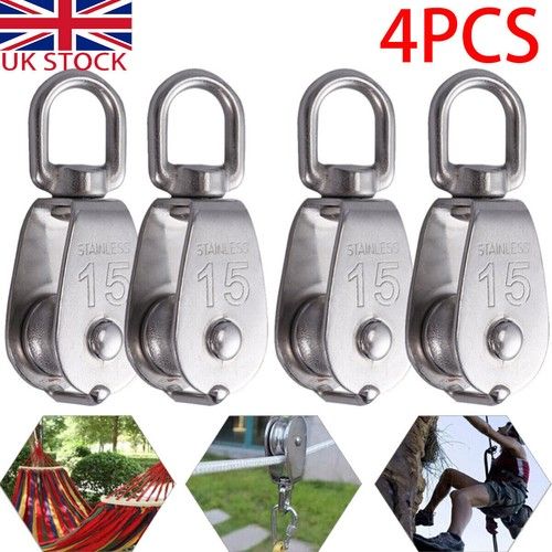 4x Stainless Steel Single Wheel Swivel Pulley Block Lifting Rope M15 Heavy Duty