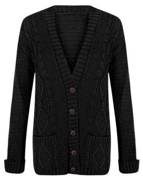 Womens 5 Button Grandad Cardigan Ladies Chunky Cable Knit Long Sleeves UK 8-22