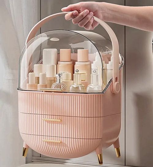 Pink Plastic Make-Up Organiser Storage Case with Drawer, Handle & Clear Lid