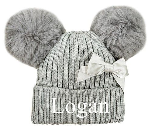 Personalised Baby Knitted Hat Pom Pom Bow Hat Bobble Hat Shower Reveal Gift