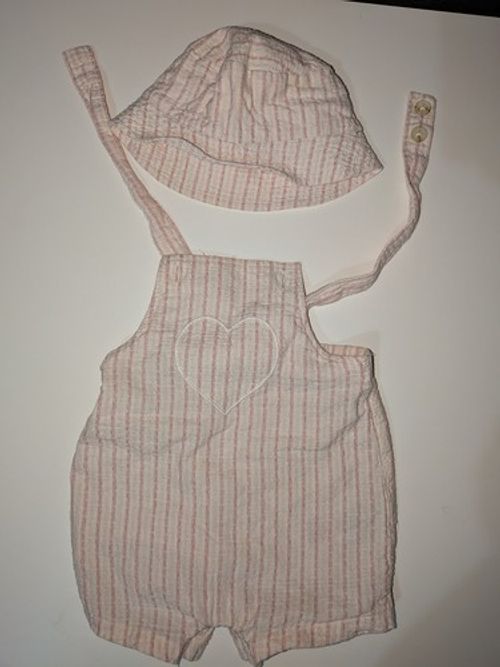 Primark Baby Pink Striped Romper & Hat Set – 0-3 Months, Good Condition