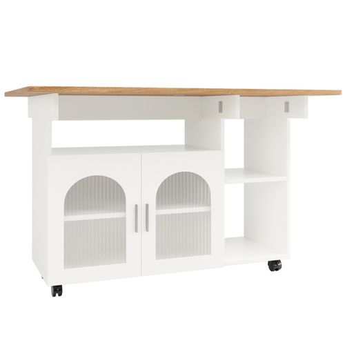 Kitchen Island w/ Drop Leaf, Glass Doors, Serving Trolley Storage Cabinet, White — image 8