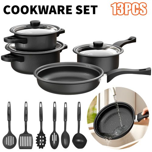 Set Of 13 Cookware Non-stick Pan Cookware Pot Saucepan Glass Lid Kitchen UK