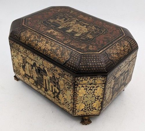 CHINESE ANTIQUE EXPORT LACQUER GILT BOX 19TH CENTURY