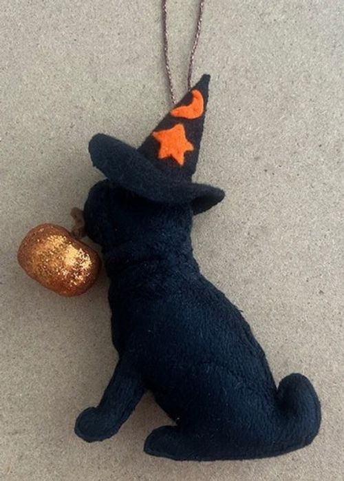 BLACK PUG HALLOWEEN WITCH with PUMPKIN - Part needle felted DOG
