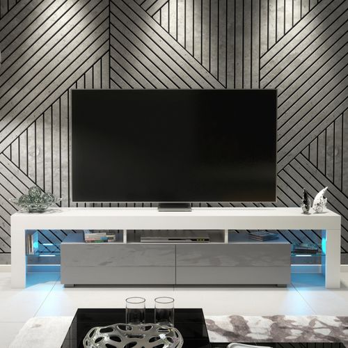 TV Unit TV Stand Cabinet Sideboard White High Gloss LED Storage 200cm Modern — image 2